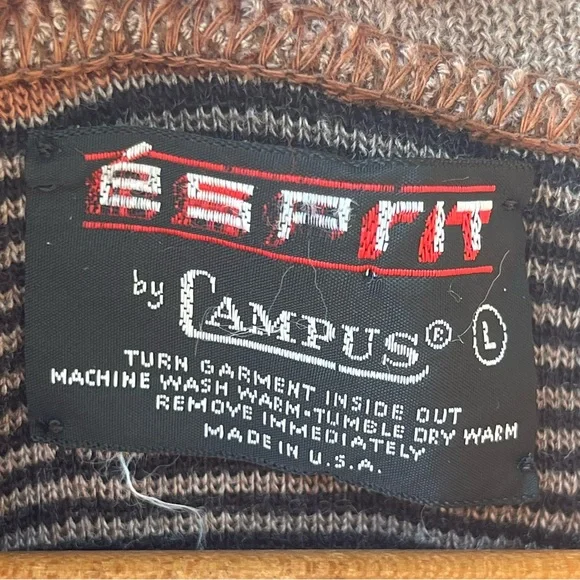 Vintage 70s Campus Knit Striped Collared V-Neck Long Sleeve Sweater Brown - Picture 10 of 10